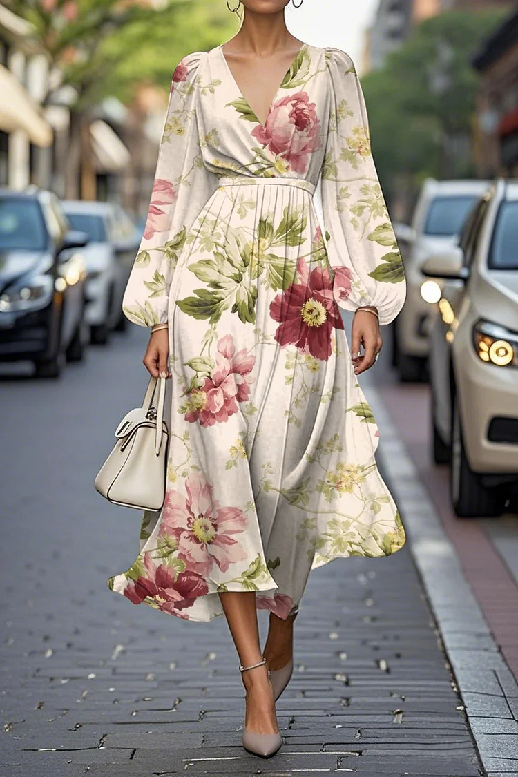 Elegant Floral Print Lantern Sleeves V-neck A-line Midi Chiffon Dress
