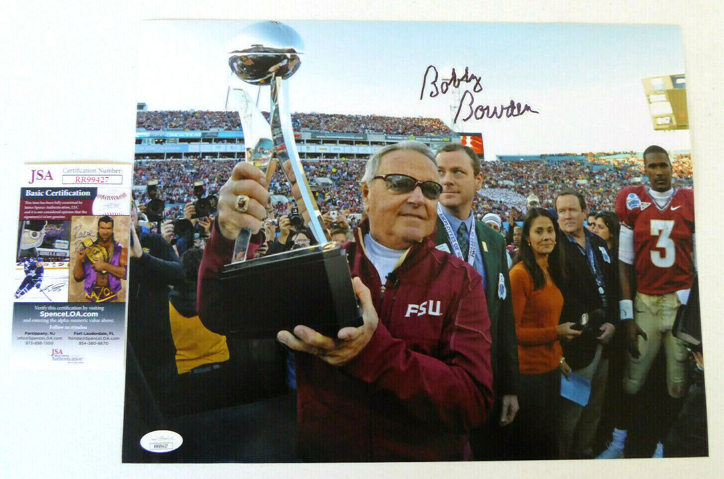 Bobby Bowden Signed 11x14 Photo Poster painting Autograph, FSU Seminoles, Holding Trophy JSA COA