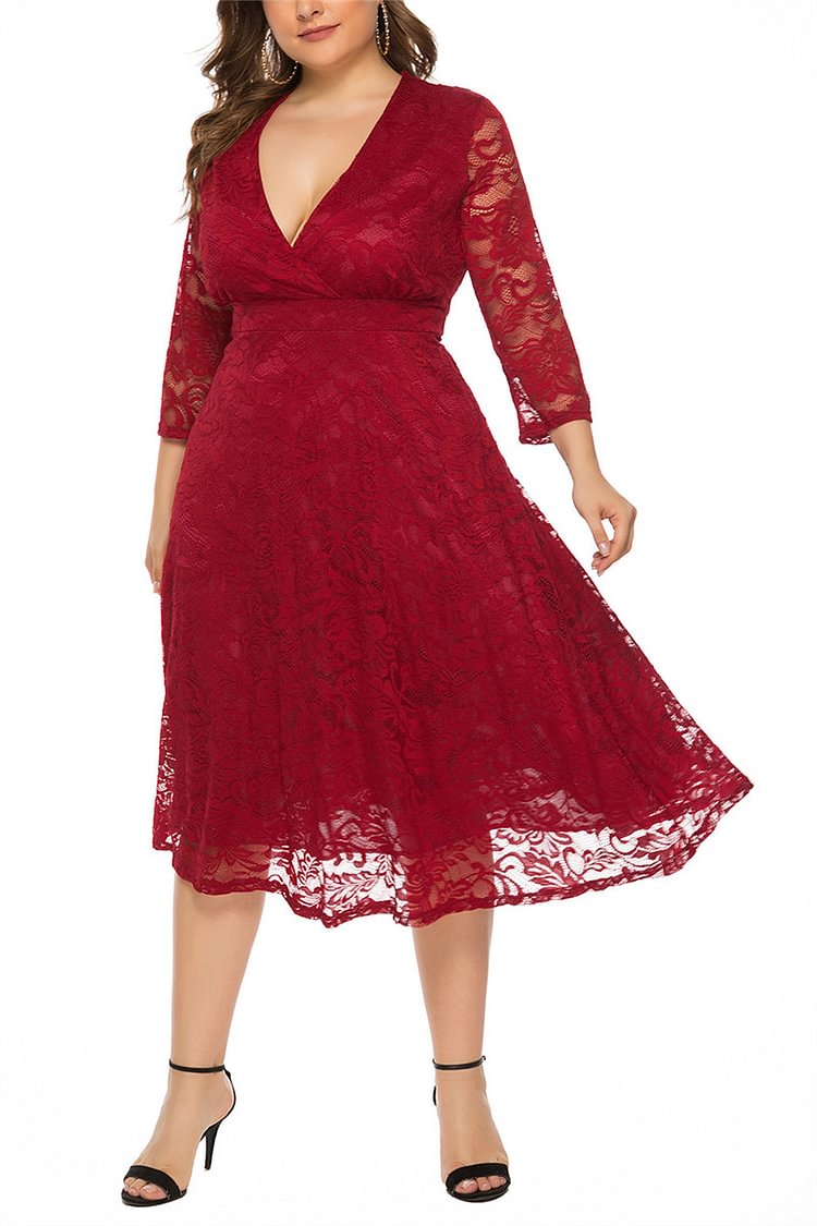 Plus Size Casual Red Lace Deep V Neck 3/4 Sleeve Tunic Elegant Midi Dress  flycurvy [product_label]