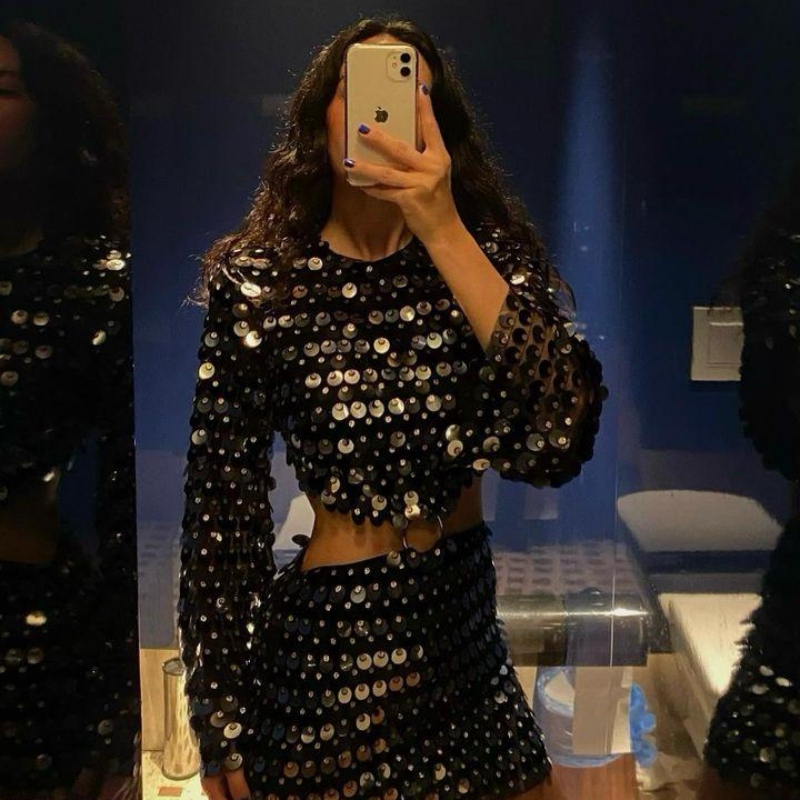Women Fashion Glitter Sequins Hollow Out Mini Dress Elegant Round Neck Long Sleeves Short Dresses 2025 Female Chic Party Outfit