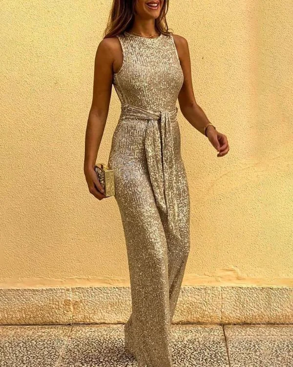 Women Round Neck Sleeveless Backless Sequins Jumpsuit Sexy Slim Rompers Sequined Jumpsuits Bodycon Pants