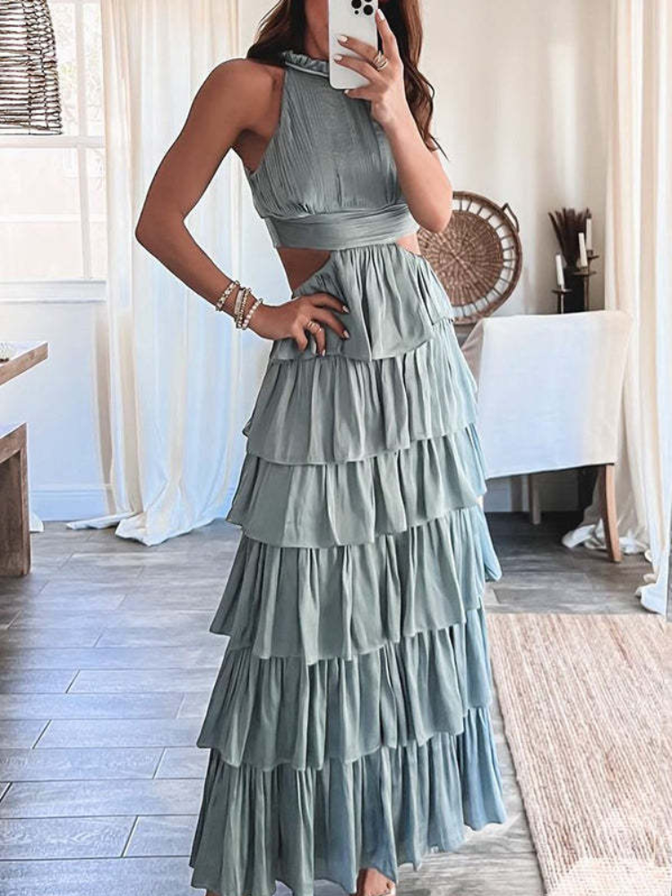 Multi Tiered Gathered Open Back Maxi Dress