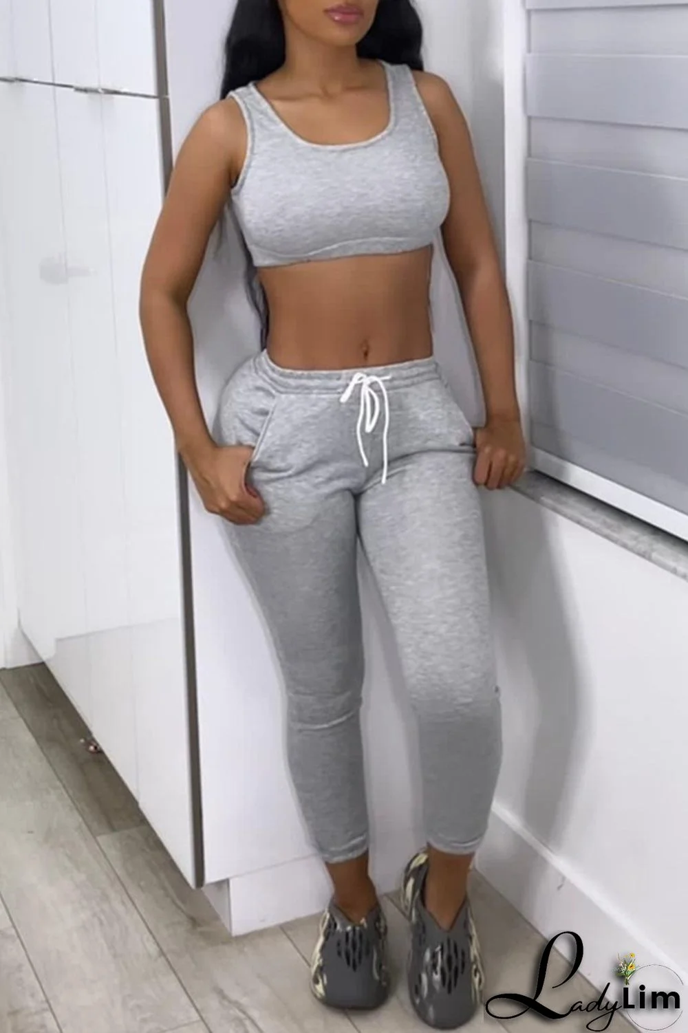 Grey Casual Sportswear Solid Vests Pants U Neck Sleeveless Two Pieces