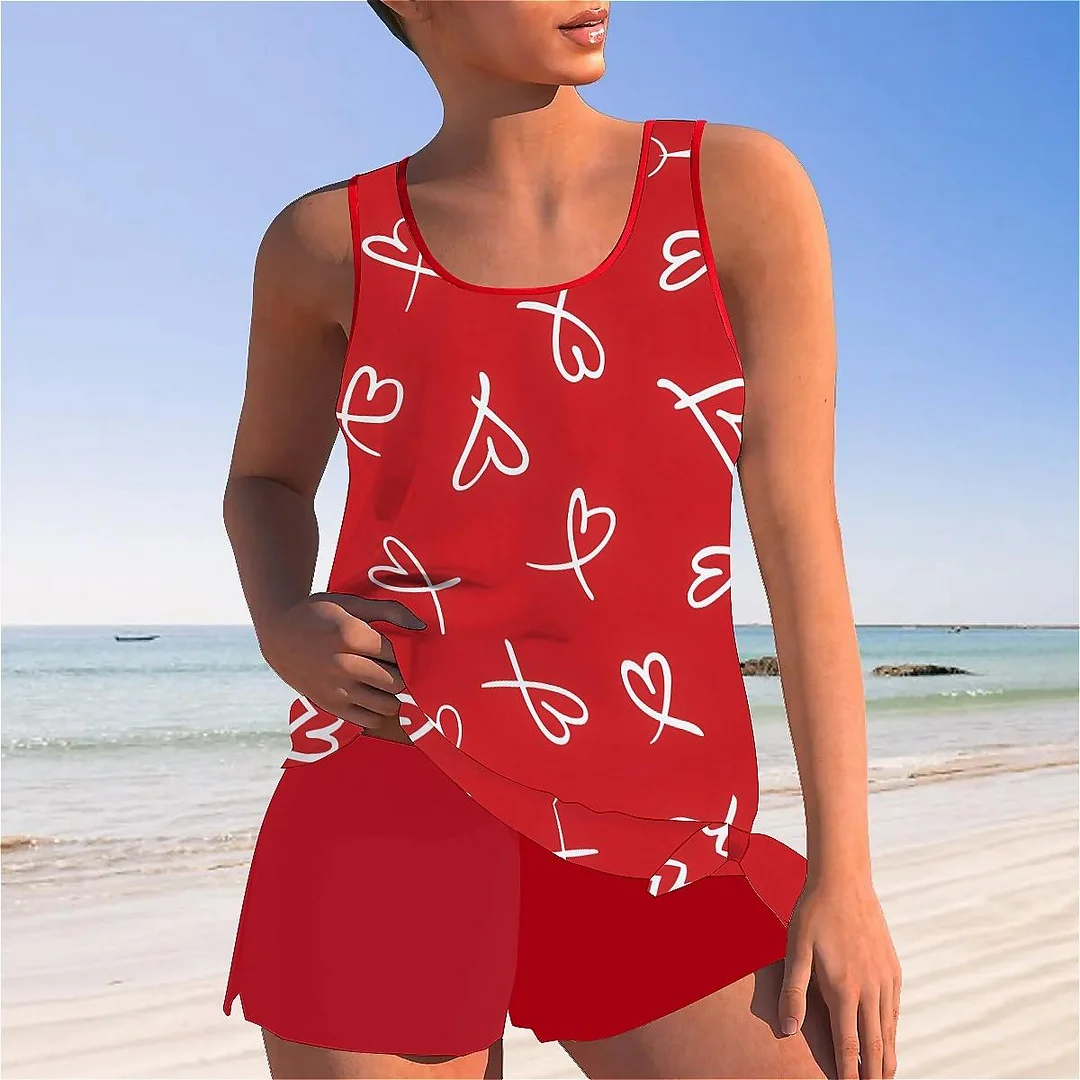 Bowknot Heart,Love,Valentine's Day Mid Waisted Tankini Set - Plus Size Available