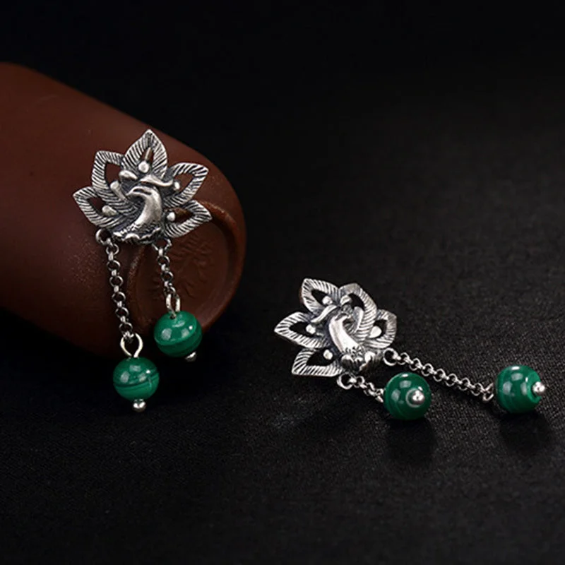 990 Sterling Silver Malachite Phoenix Peony Flower Bead Protection Drop Earrings