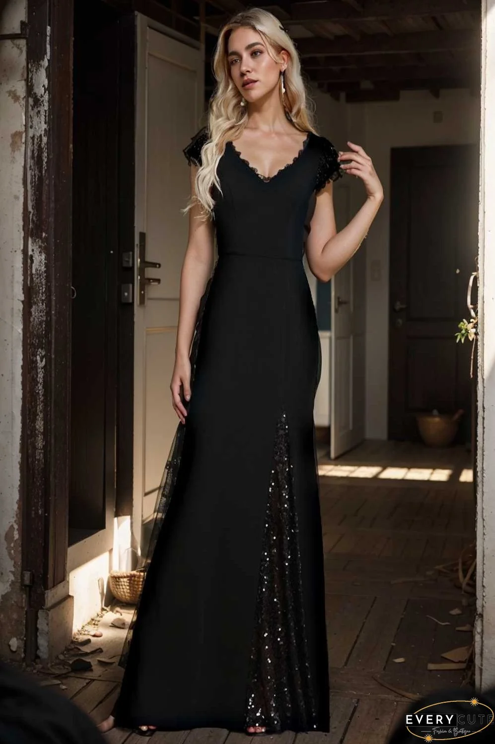 elegant sleeveless deep v neck fishtail evening gown