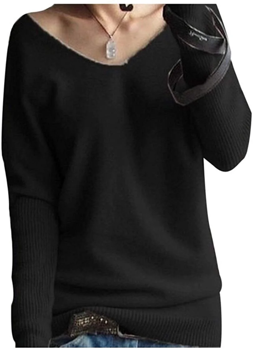 Women's Fashion Big V-Neck Pullover Loose Sexy Batwing Sleeve Wool Cashmere Sweater Winter Tops