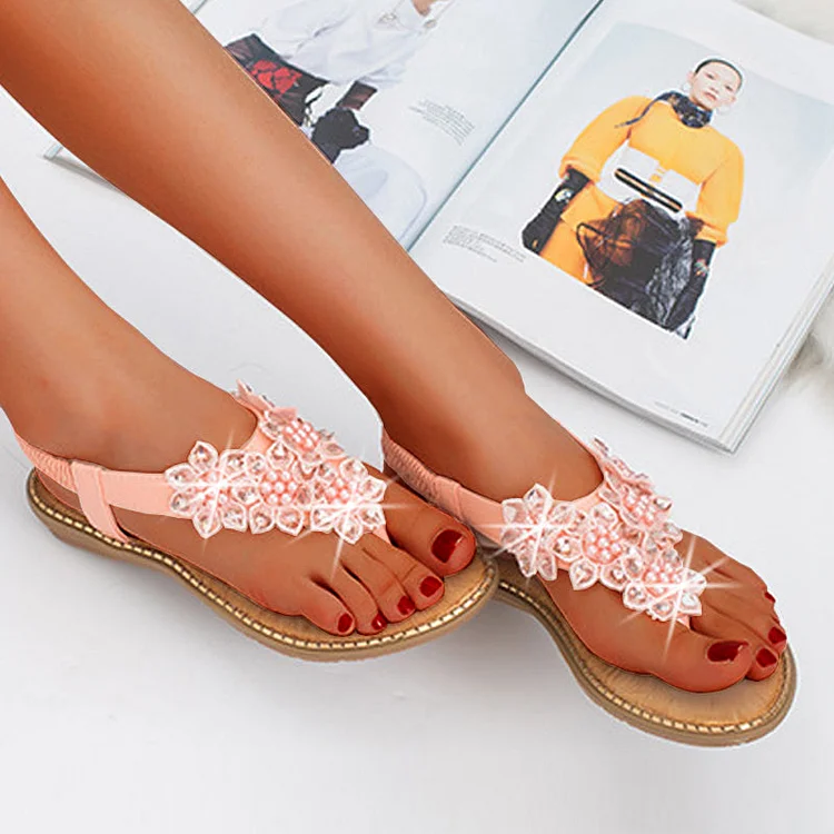 New Fashion Bead Flower Round Toe Flip-flop Sandals shopify Stunahome.com