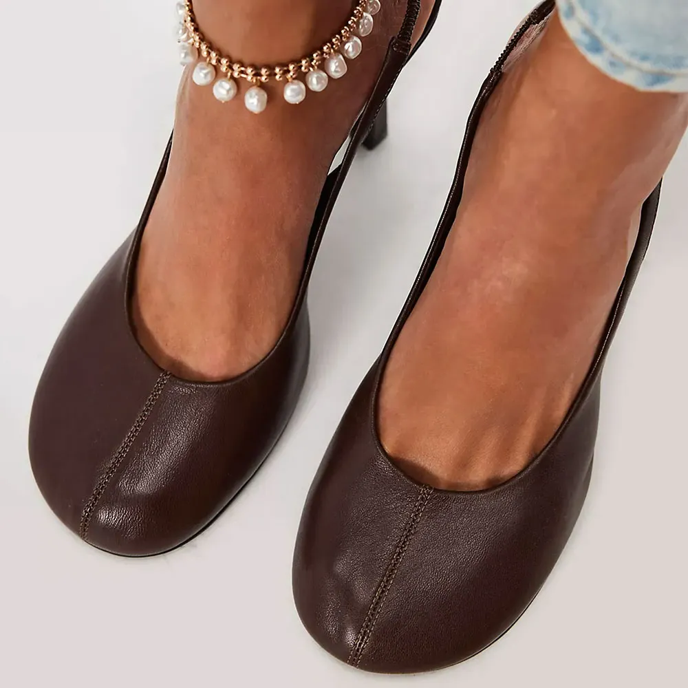 Classic Brown Vegan Leather Round Toe Slip-On Slingback Heels