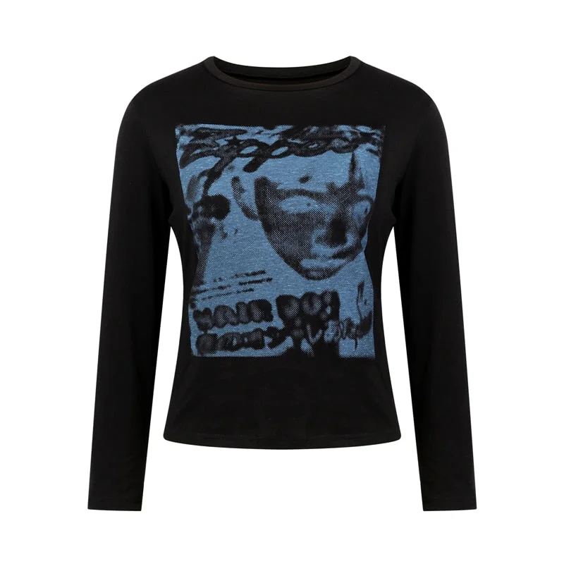 Xingqing Gothic Portrait Print T-shirt Aesthetic Short Sleevle Sweats Tees Harajuku Streetwear White Crop Top Women Clothes