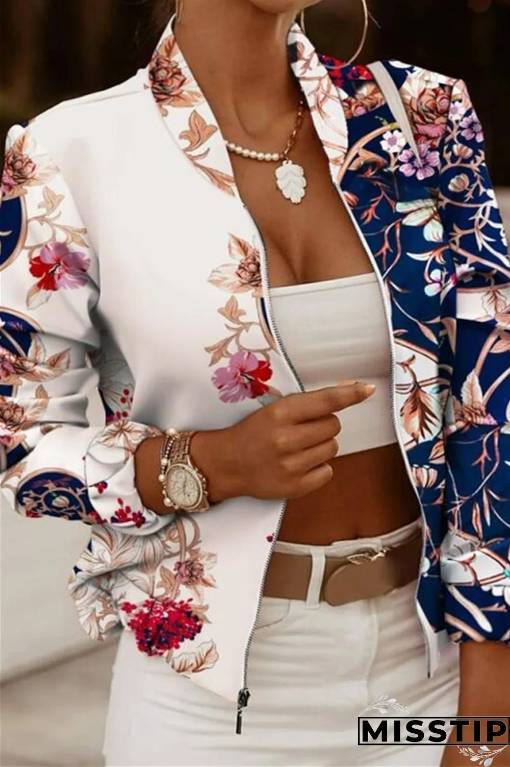 Blue White Casual Print Patchwork Cardigan Outerwear