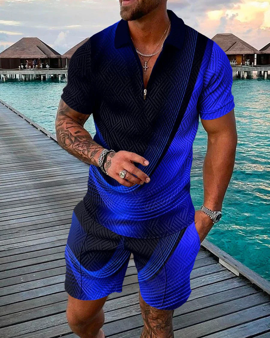 Men's Casual Colorblock Polo Shirt Two Piece