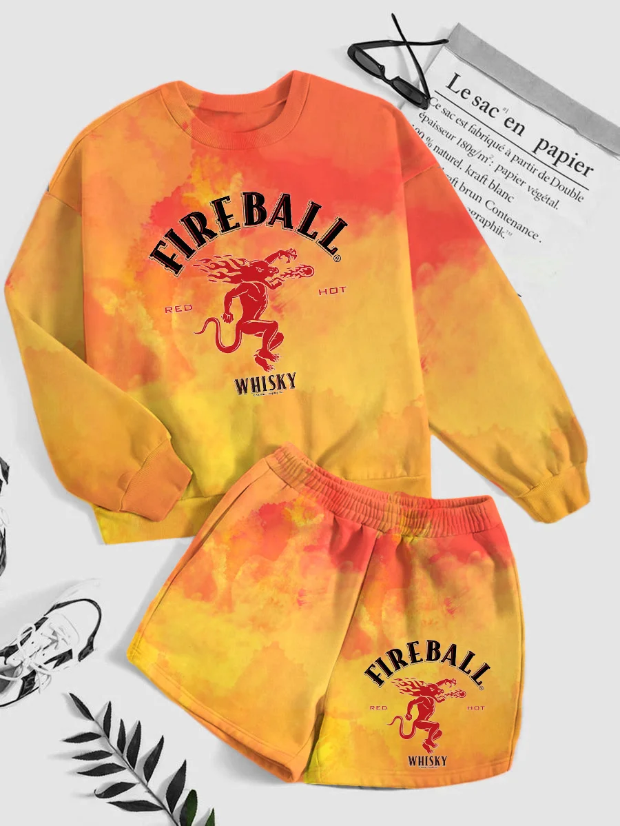 Casual Gradient Orange Print Drinking Sweatshirt & Shorts Set