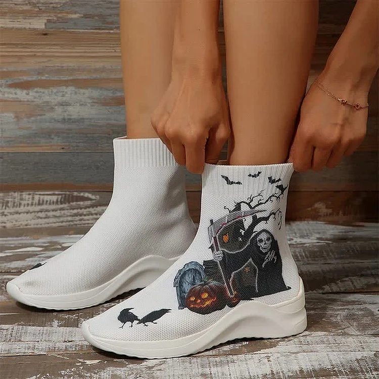 Halloween Pumpkin Skull Print Wedge Boots - Modakawa modakawa