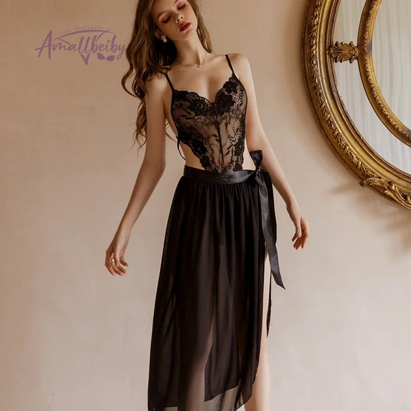 Erotic Nightgowns Mesh Hot Jumpsuit Side Open Temptation Sleeping Dress French Beautiful Back Lace Thin Nightdress Sleep Tops