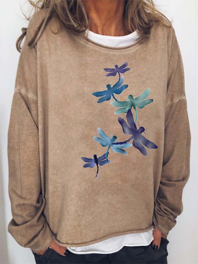 Long Sleeve Crew Neck Six Dragonflies Printed Casual Sweatshirt