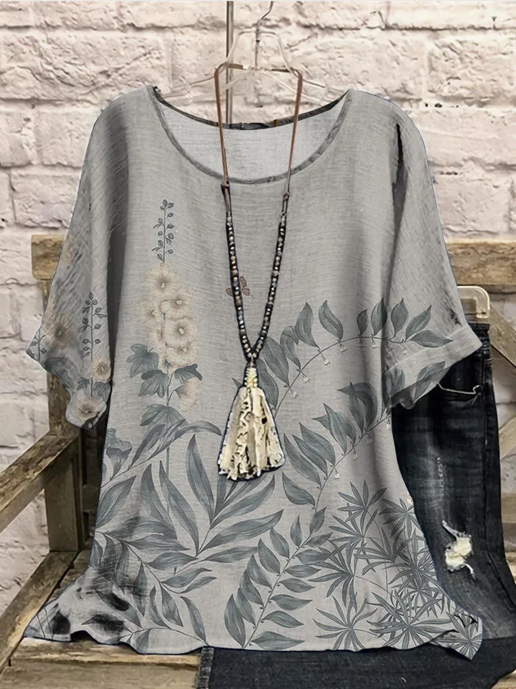 Women Half Sleeve Scoop Neck Floral Printed Gray Women Tops