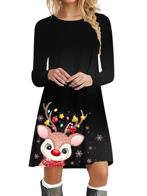 New Christmas Party Printed Long Sleeve Dress Flusfy