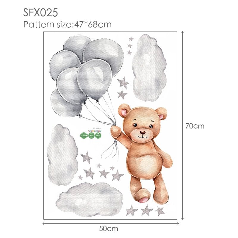 Lovely Bear with Ballon Bedroom Wall Stickers for Kids Rooms Girls Nursery Decoration Cloud Stars Viny Mural Stickers
