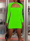 Sexy Hollow Long Sleeve Slim Solid Color Mini Dress
