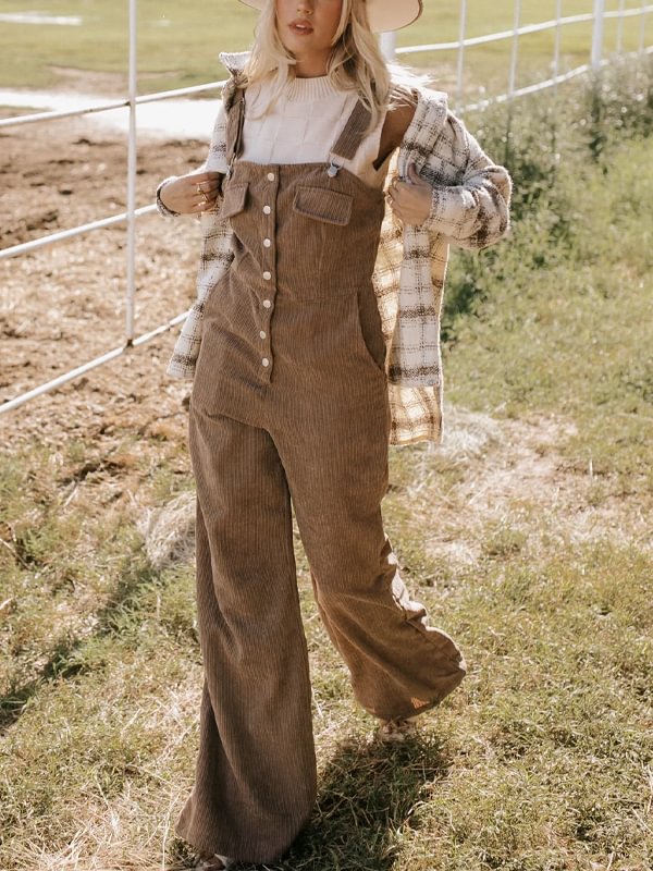 Solid Button Suspenders Jumpsuit