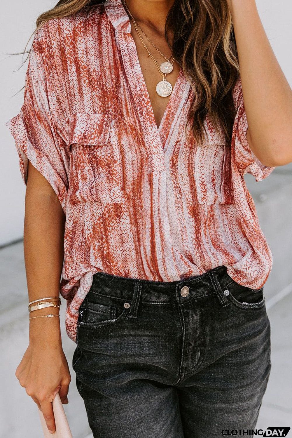 Printed Pocket Short Sleeve Blouse