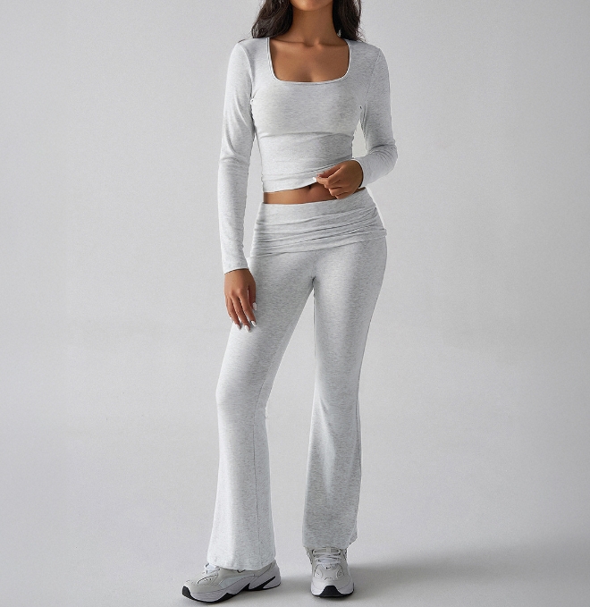 Metzwheels fall casual outfits women 2025 Women's Autumn Fashion New Two-Piece Casual Slim Fit U-Neck Long Sleeved Top Micro Flared Pants Set Shipped Within 48 Hours