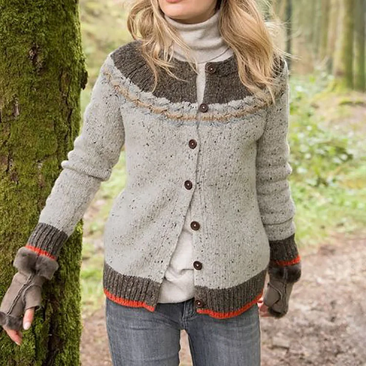 Vintage Contrast Jacquard Sweater Cardigan