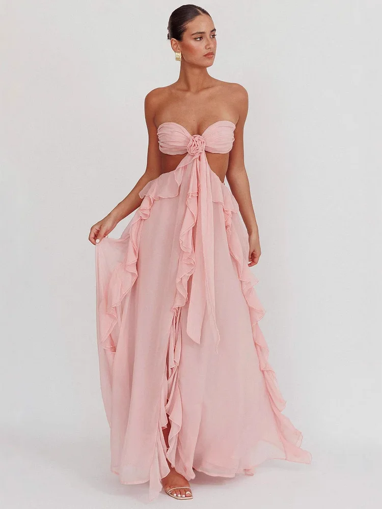 Strapless backless ruffled maxi dress
