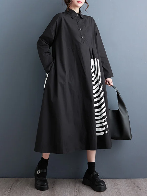 A-Line Long Sleeves Asymmetric Buttoned Striped Lapel Midi Dresses