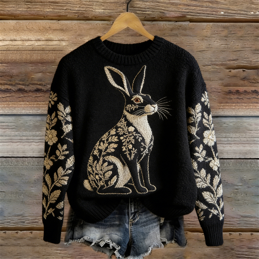 Forest Floral Rabbit Pattern Cozy Sweater wearshes