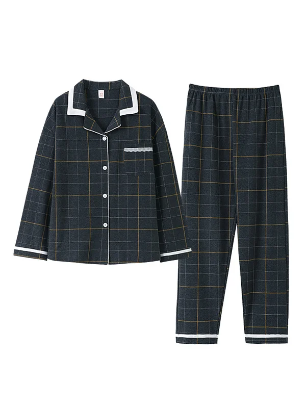 Gray Plaid Casual Roomy Lapel Long Sleeve Couple Pajama Sets