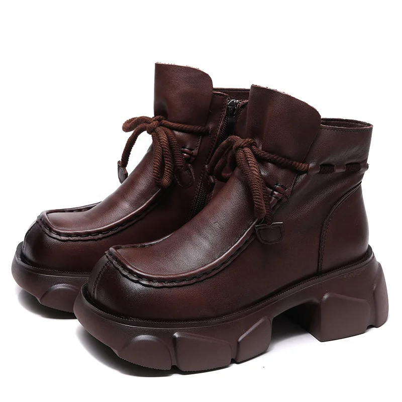 Yyvonne Layer Of Kraft Handmade Pine Cake Bottom Boots Women Autumn And Winter Retro New Bare Boots Thick Bottom Square Head Martin Boots New