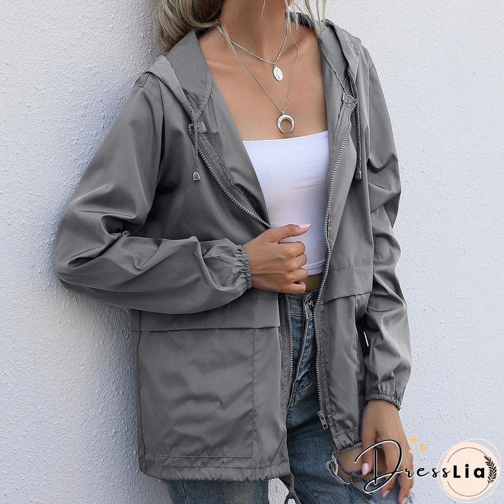 Jackets For Women Hooded Windproof Female Basic Zipper Coat Womens Clothing Solid Color Long Sleeve Casual Cardigan Hoodie