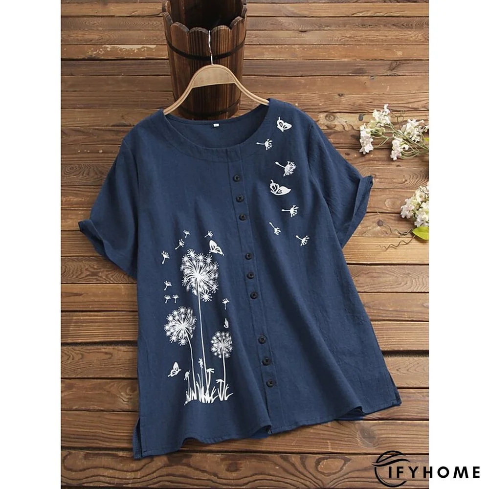 Women's Shirt Blouse Graphic Floral Short Sleeve Date Vacation Daily Casual Crew Neck Cotton Slim L | IFYHOME