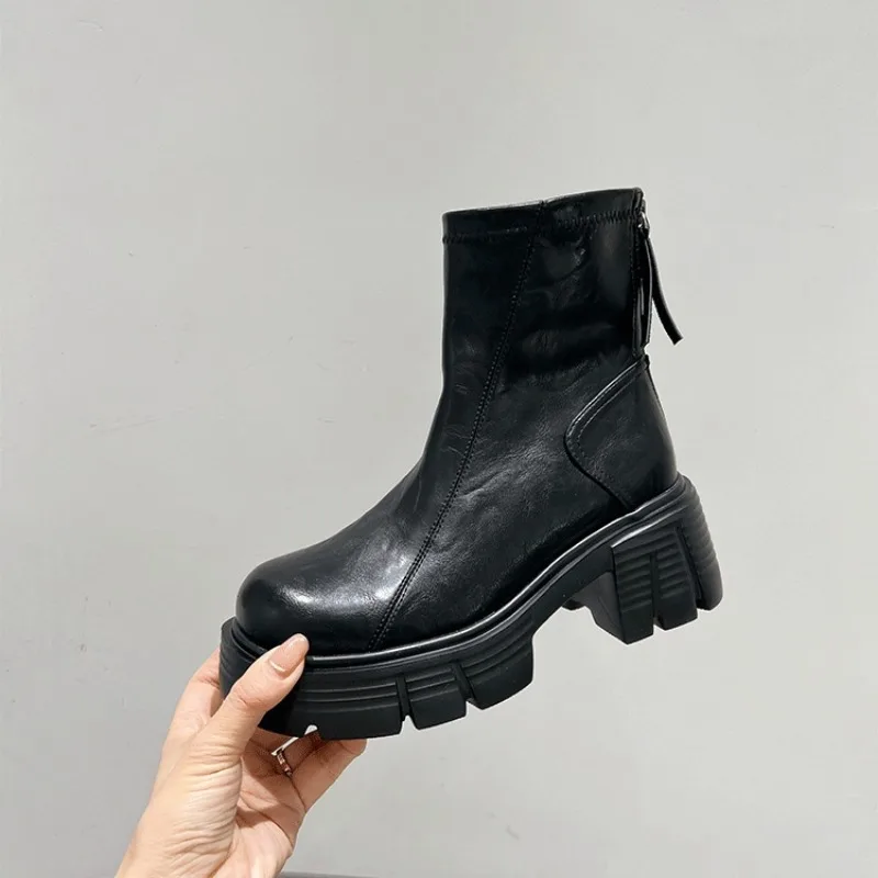 Maniros 2025 High Quality Women's Shoes Ankle Women's Boots Concise Modern Boots Women Round Toe Med Heel Platform Back Zip Ladies Shoes