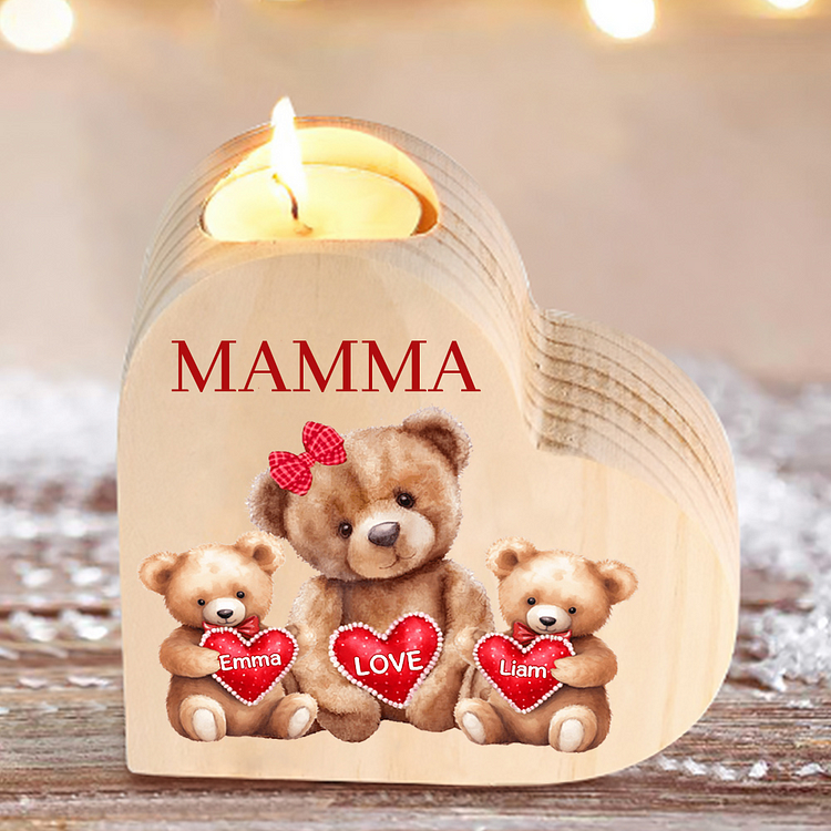 Candeliere a forma di cuore orsacchiotto 2 nomi e 1 testo personalizzati per mamma/nonna