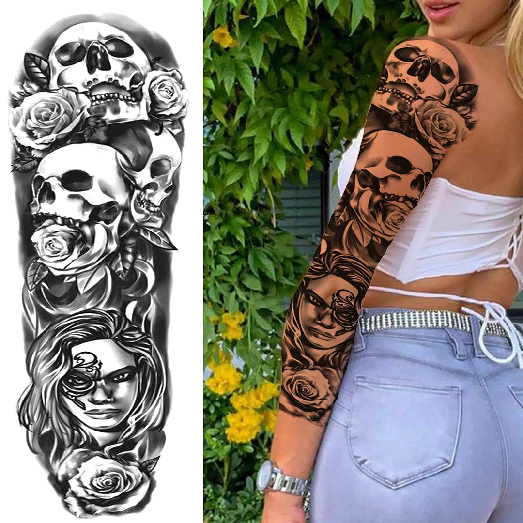 Flower Temporary Tattoo For Women Men Adult Full Arm Demon Wings Tattoos Sticker Sleeve Fake Black Skull God Tatoos Shoulder 1103-1