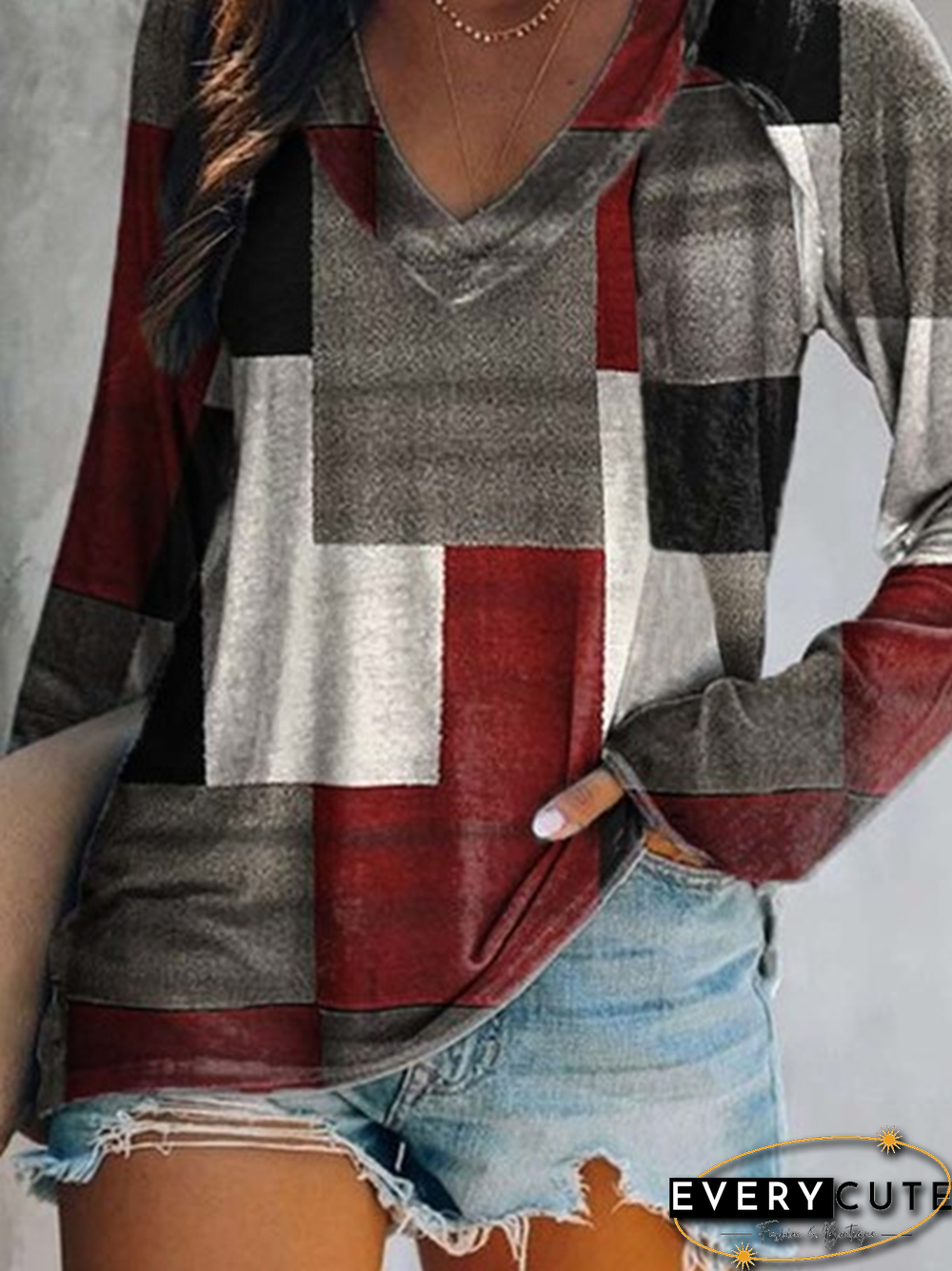 Long Sleeve V Neck Color Block Casual T-shirt