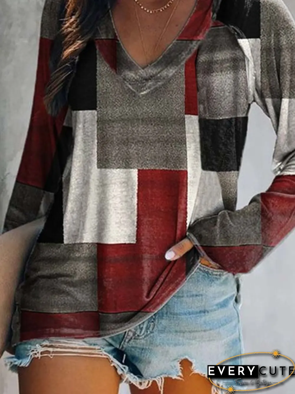 Long Sleeve V Neck Color Block Casual T-shirt