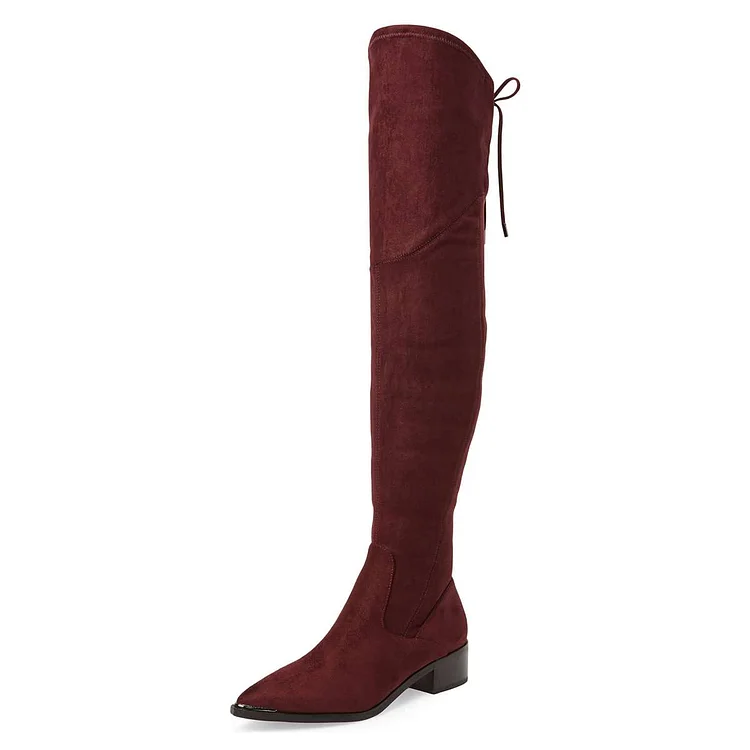 Women's Vegan Suede Maroon Chunky Heel Boots Pointy Toe Thigh-high Boots |FSJ Shoes