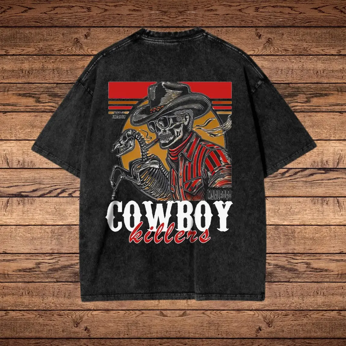 Cowboy Skeleton Print Washed T-shirt