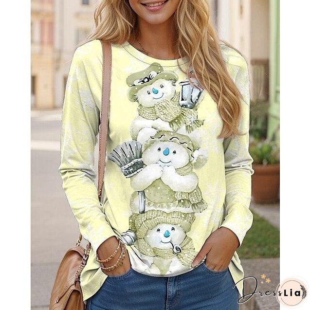 Women's Pink Vintage Snowman Print Round Neck Long Sleeve Top