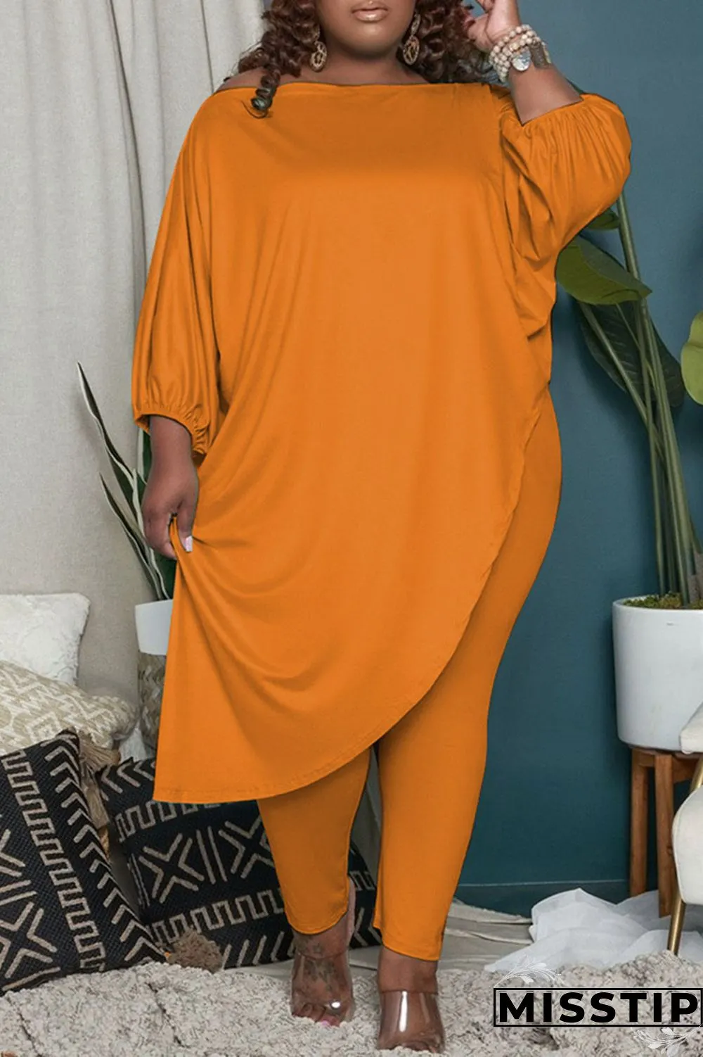 Green Fashion Casual Solid Asymmetrical Oblique Collar Plus Size Two Pieces