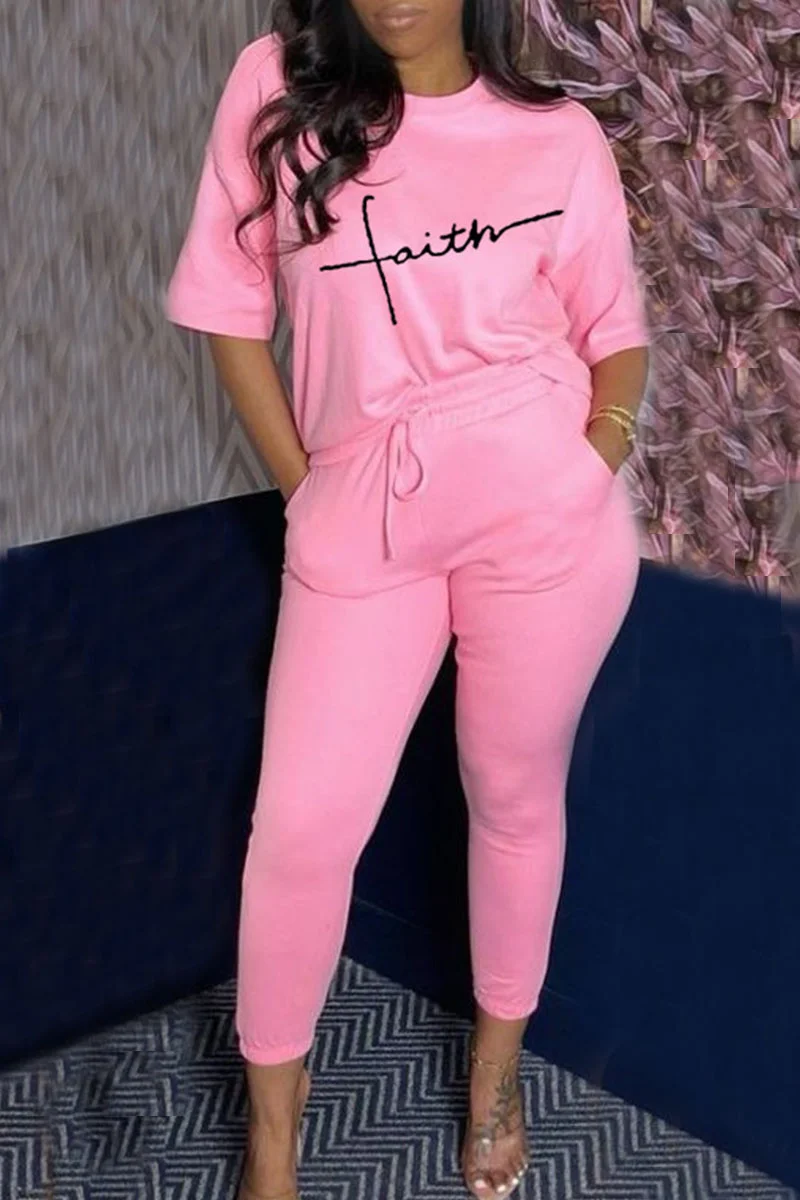 Pink Casual Letter Print Patchwork O Neck Half Sleeve Two Pieces | EGEMISS