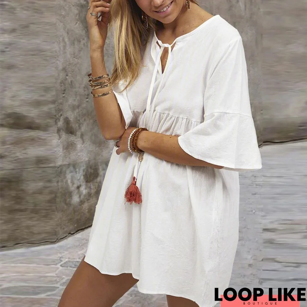 V-Neck Tie Loose Simple Dress