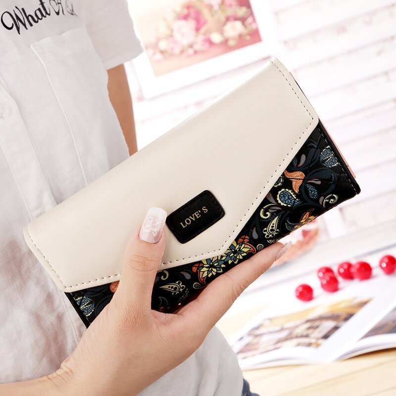 Pongl Fashion Envelope Women Wallet Hit Color 3Fold Flowers Printing PU Leather Wallet Long Ladies Clutch Coin Phone Purse