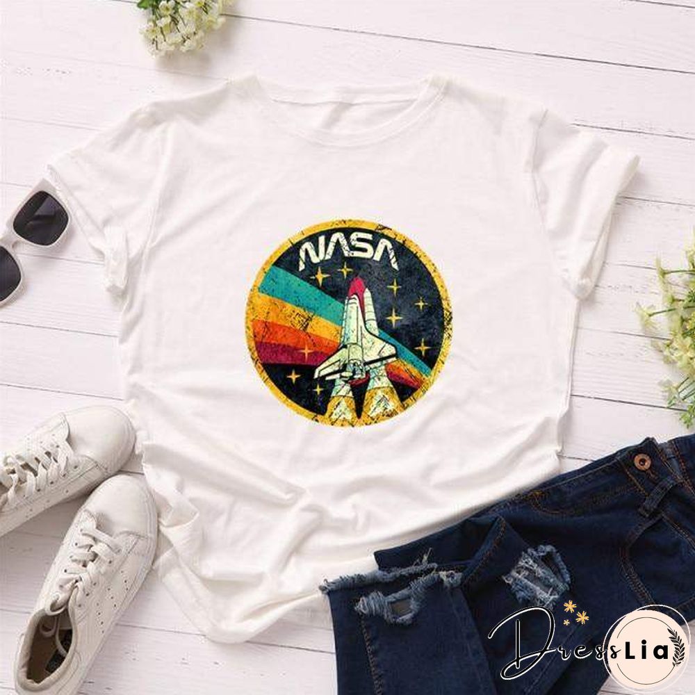 Summer Plus Size Shirt S-5XL New ROCKET Print TShirt Women 100%Cotton O Neck Short Sleeve Tees Casual Tops Woman TShirts