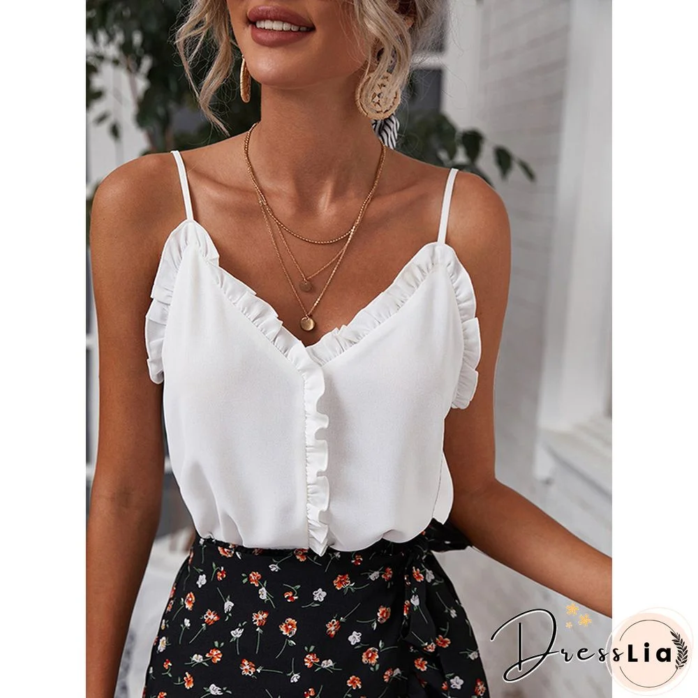 T-Shirt Women New Summer Temperament Sexy V-Neck Ruffles Backless Pullover Solid Chiffon Camisole Top Women's Clothing