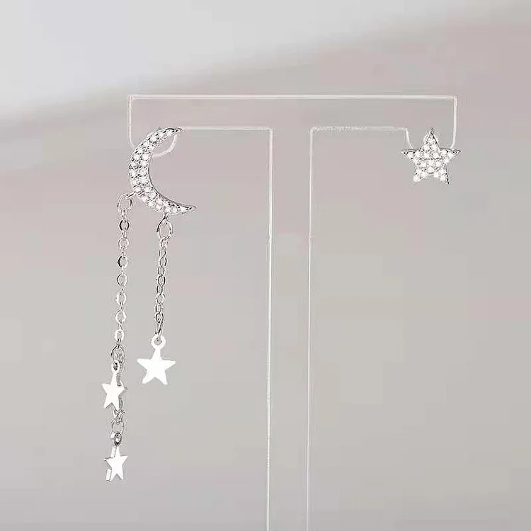 Asymmetric Star Moon Tassel Earrings